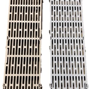 Two rectangular metal vent covers with vertical slits, shown side by side (bronze and silver).